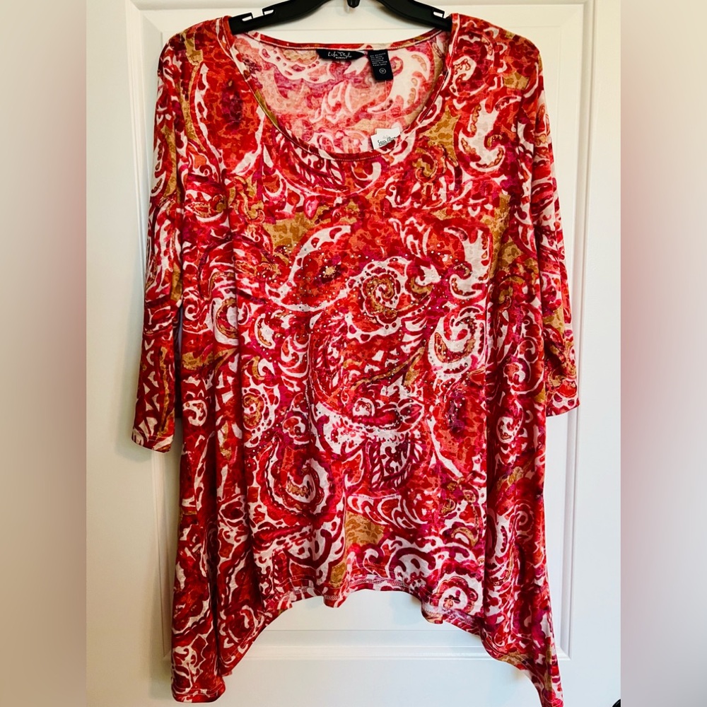Plus Size 3x Paisley Red pink and Gold Women's Tunic with iredescent stones